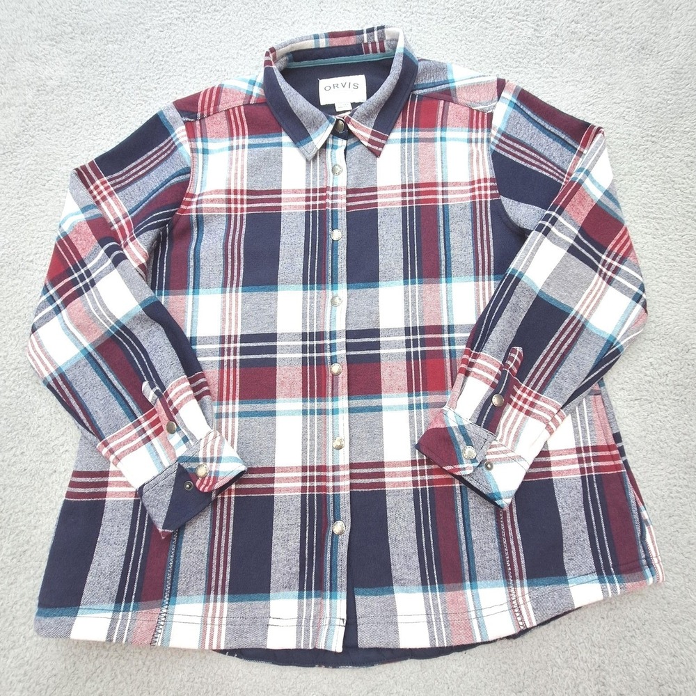 Orvis Shirt Jacket Womens 2XL Red Navy Plaid Flannel Snap Front Shacket